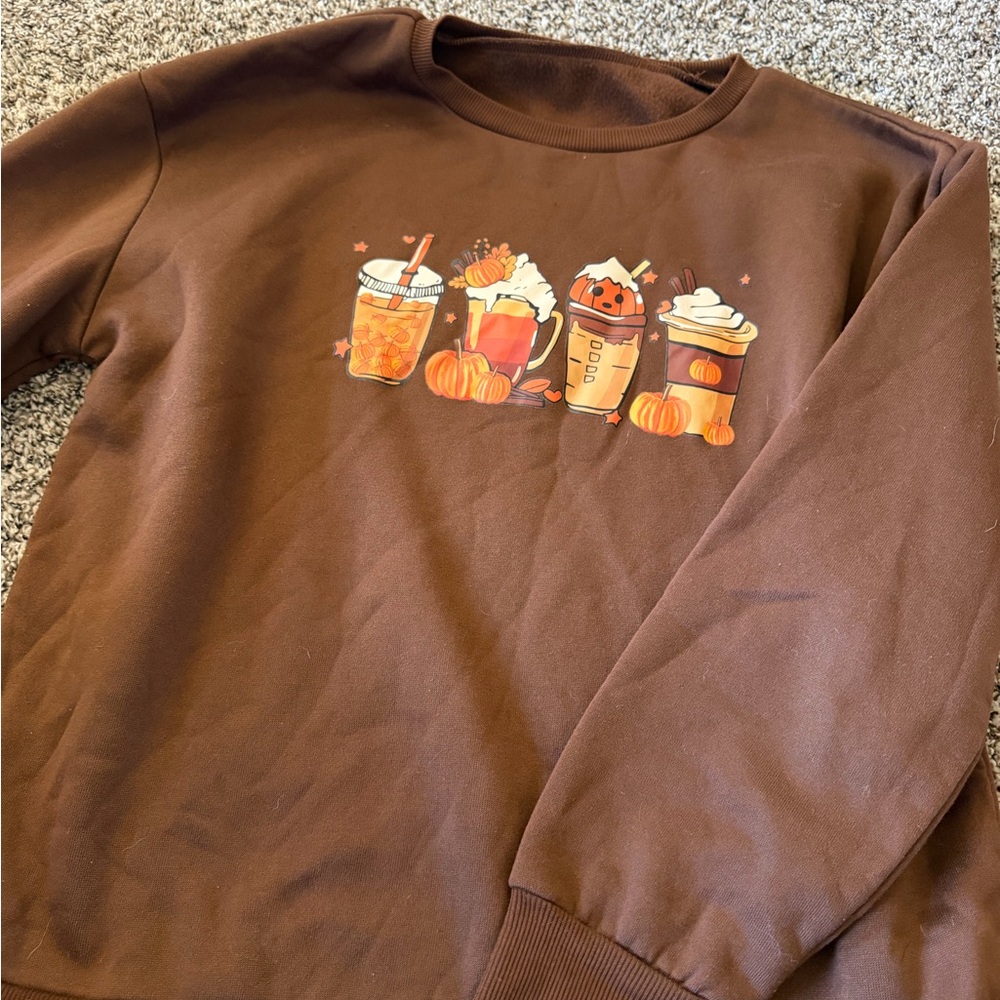SHEIN Brown Crewneck Sweatshirt with Pumpkin Drink Graphic - Picture 3 of 3